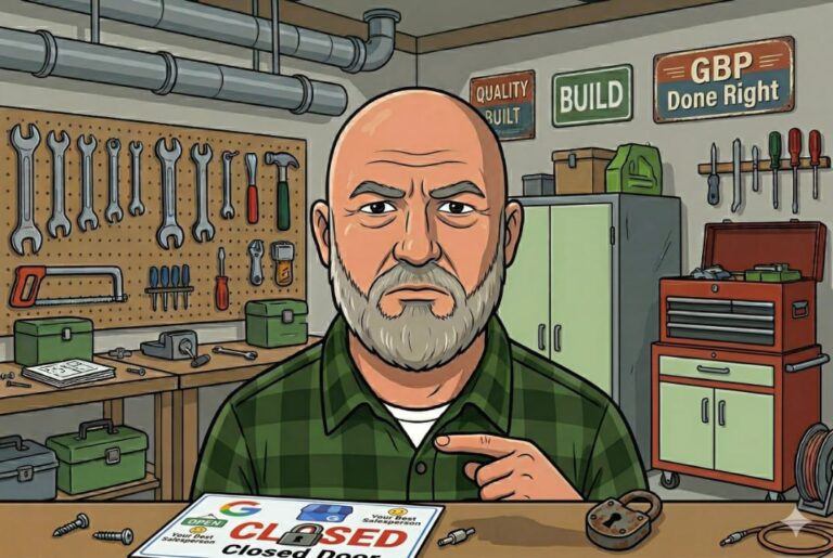 cartoon Richard pointing at a google business profile sign that has words about being closed or open. Richard is wearing a green flannel.
