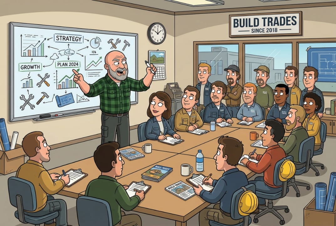 Cartoon Richard doing a messaging workshop with a group of trades men and women.