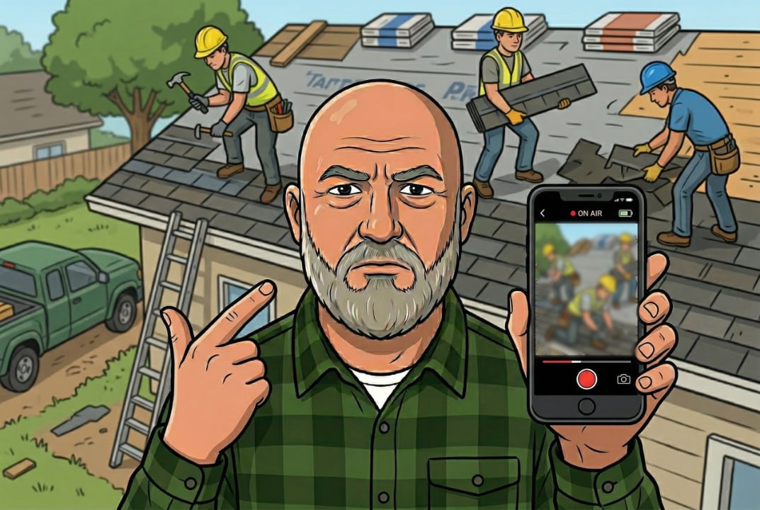 cartoon Richard holding a smartphone outside while a roofing company replaces a roof.